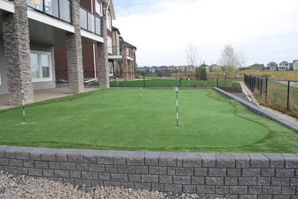 Fresno residential backyard putting green grass near modern home with golf flags