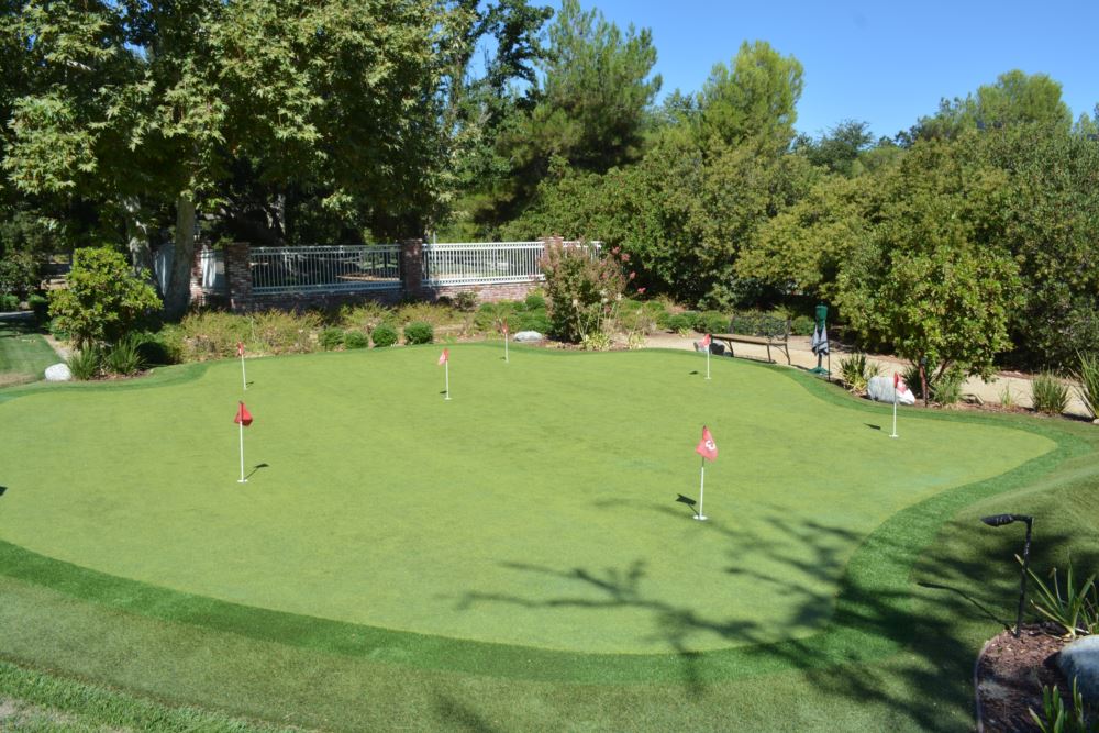 Large outdoor synthetic turf putting green with multiple practice holes and flagsticks, bordered by artificial grass fringe and landscaped trees, designed for realistic golf training and low-maintenance recreation.